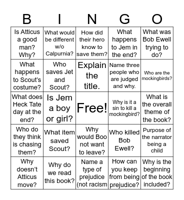 To Kill a Mockingbird Bingo Card