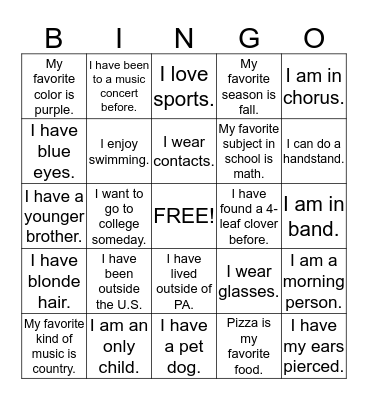 Get to know you bingo Card