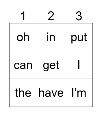Sight words Bingo Card