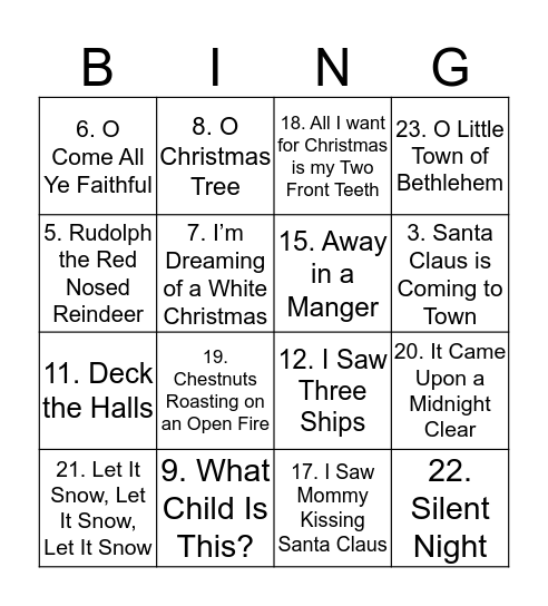 Christmas Songs Bingo Card