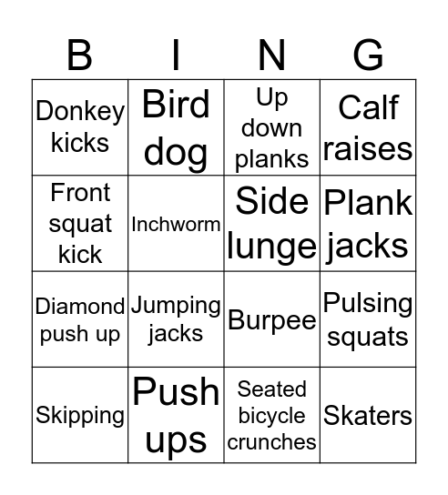 Fitness Bingo Card