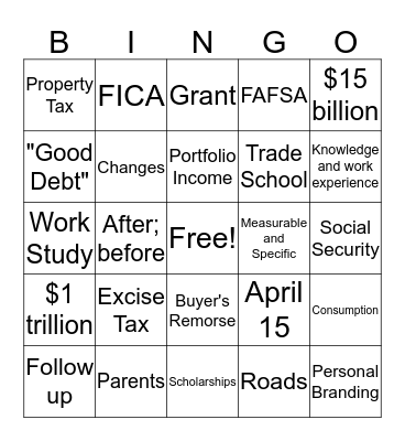 Personal FinANCE Bingo Card