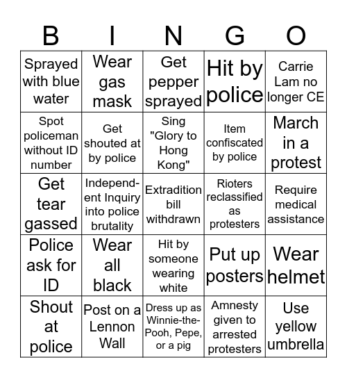 Protester Bingo Card