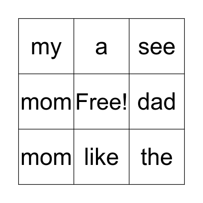 Pre-K sight words Bingo Card