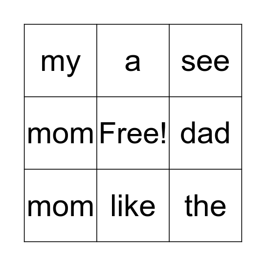 Pre-K sight words Bingo Card