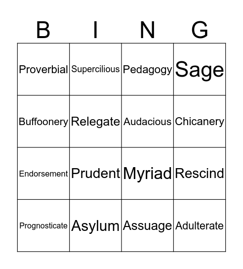 Vocabulary Bingo Card