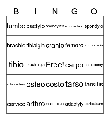 Skeletal System Medical Terminology Bingo Card