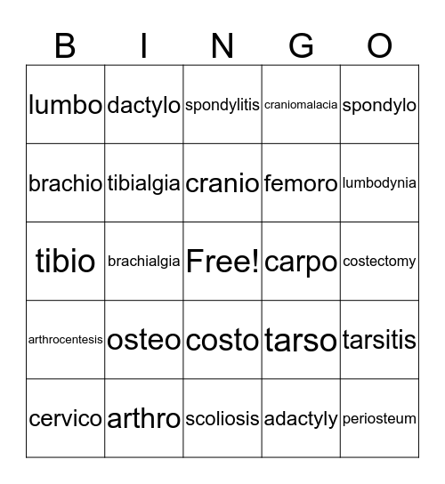Skeletal System Medical Terminology Bingo Card