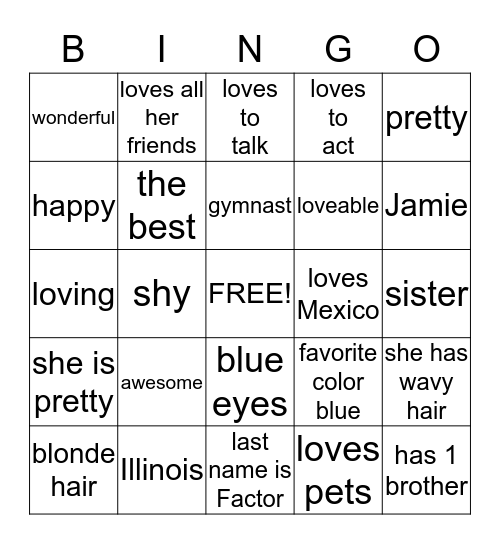 Jamie bingo  Bingo Card