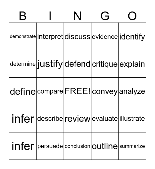 Academic Vocabulary Bingo Card