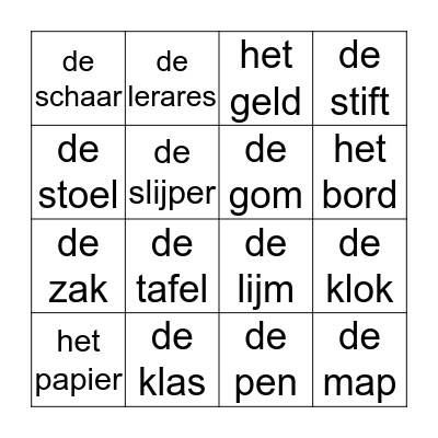 De klas Bingo Card