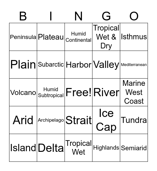 Climate Types & Landforms Bingo - GAME 1 Bingo Card