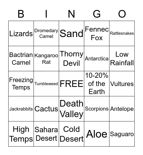 Desert Bingo Card