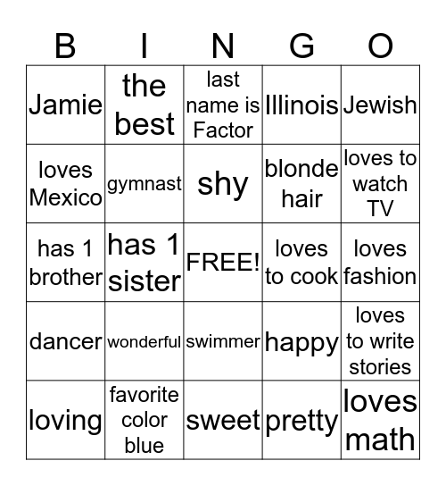 Jamie Bingo Card
