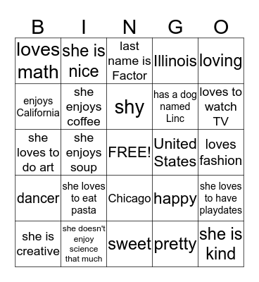 Jamie Bingo Card