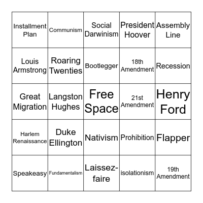 1920 Vocabulary Bingo Card