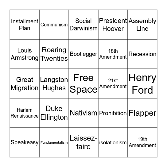 1920 Vocabulary Bingo Card