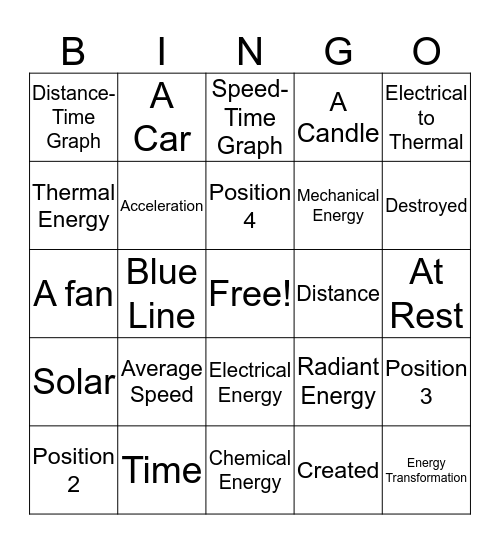 Motion & Energy Bingo Card