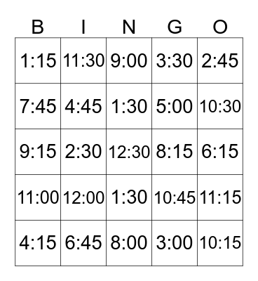 Telling Time Bingo Card