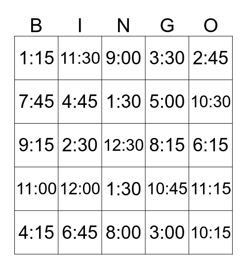 Telling Time Bingo Card