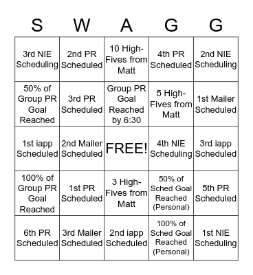 North Macomb Receptionist Swagg Bingo Card