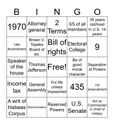 Constitution Review Bingo Card