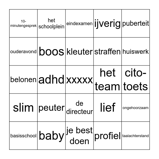 opvoeding / kind / school Bingo Card
