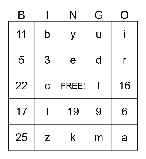 Letter And Number Bingo Card