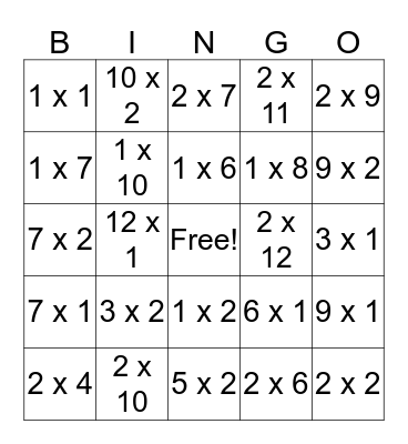 Multiplication Bingo Card