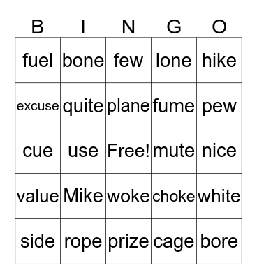 Long Vowel Words Bingo Card