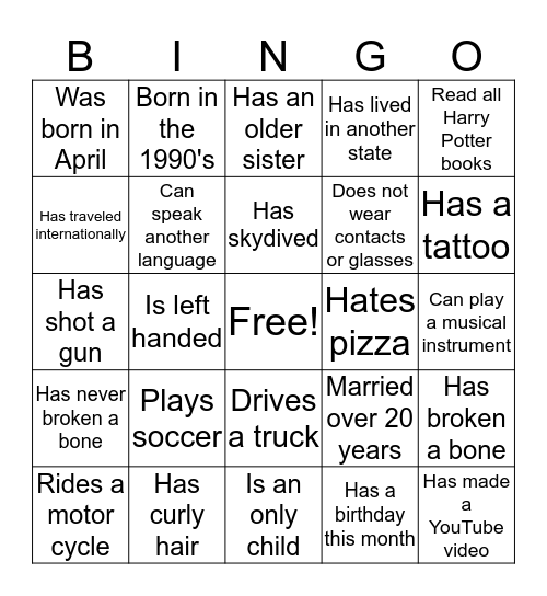 HUMAN BINGO! Bingo Card