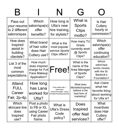 Cos Career Fair BINGO Card