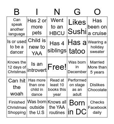 YAA Getting to know you Bingo Card