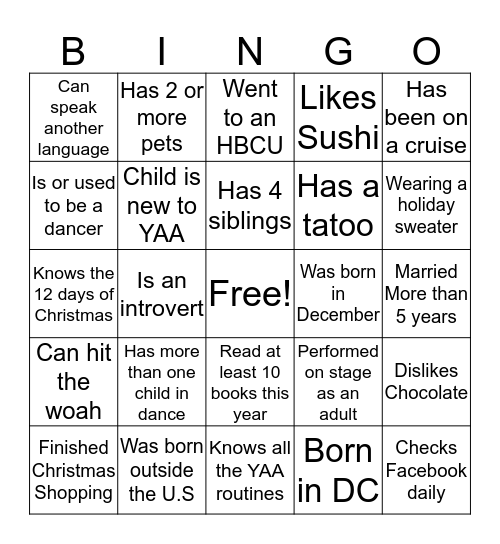 YAA Getting to know you Bingo Card