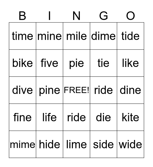 LONG I SOUND Bingo Card