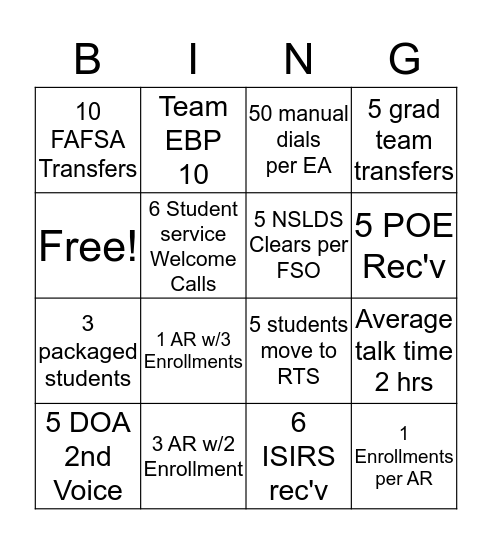 Team Challenge  Bingo Card
