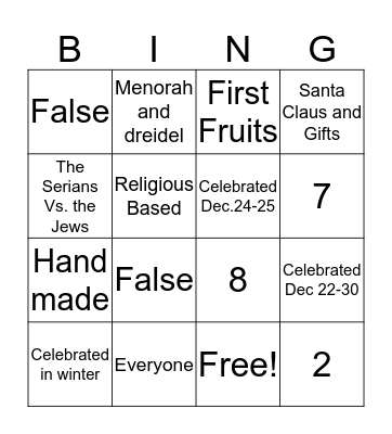 Winter Holidays Bingo Card