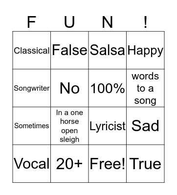 Lyrics Bingo Card
