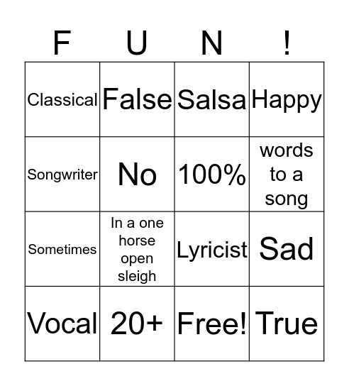 Lyrics Bingo Card