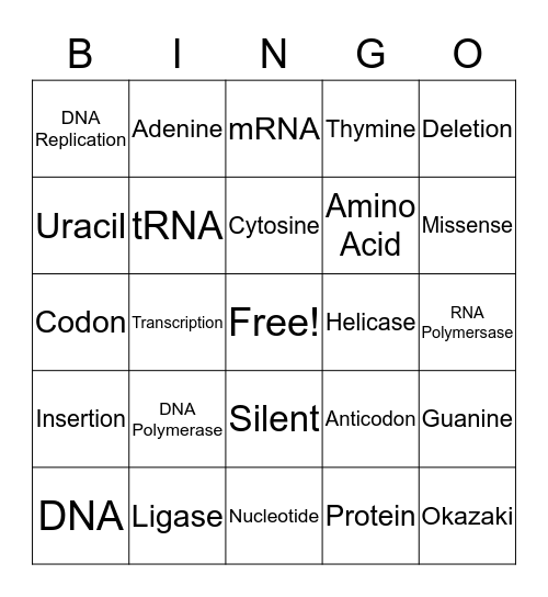 DNA and Protein Synthesis Bingo Card
