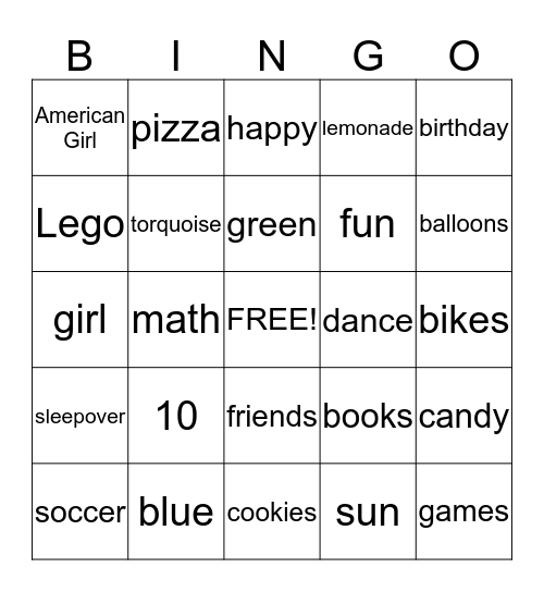 Madison's Birthday Bingo Card