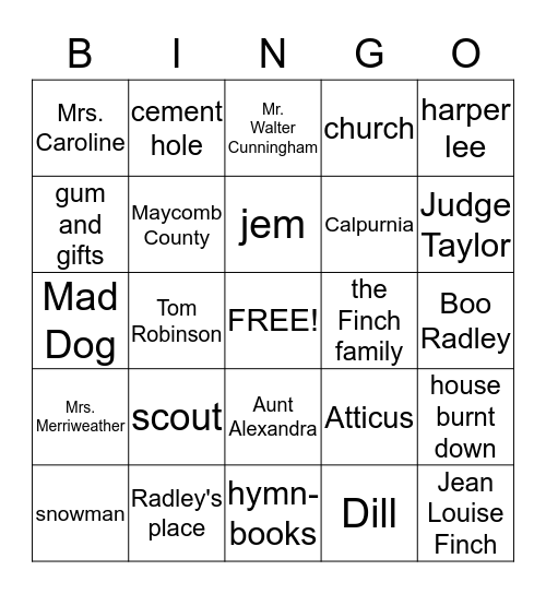 To Kill A Mockingbird  Bingo Card