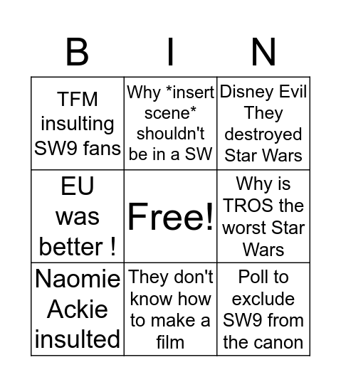 Star Wars 9 reaction bingo Card