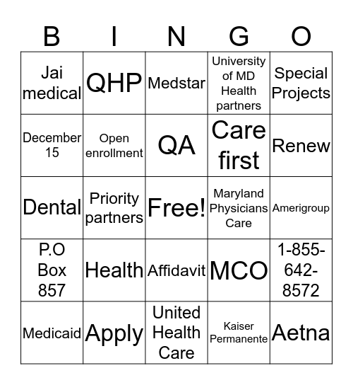 Maryland Health Connection Bingo Card
