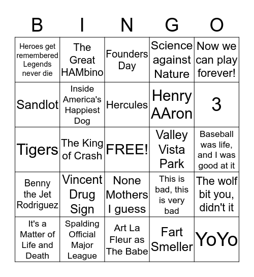 Christian's 10th Birthday Bingo Card