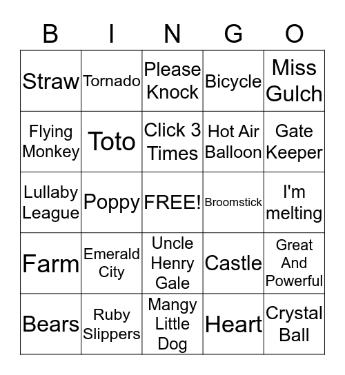 The Wizard Of Oz Bingo Card