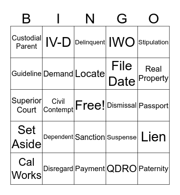 Child Support Bingo  Bingo Card