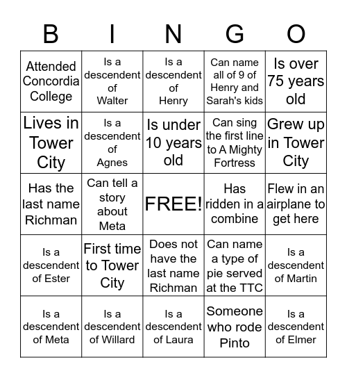 Richman Reunion BINGO Card