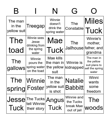 Tuck Everlasting Bingo Card