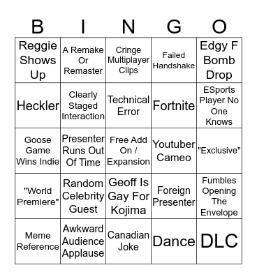 Game Awards 2019 Bingo Card